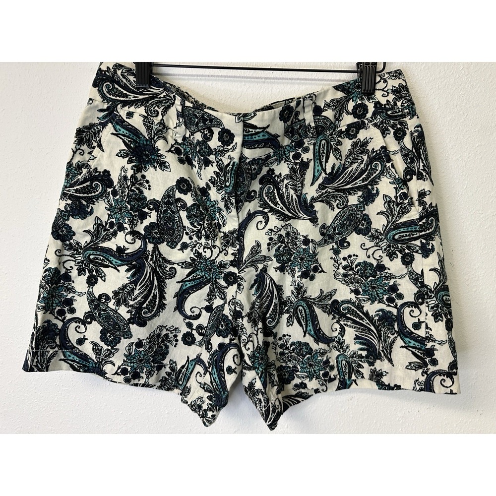 NEW Ann Taylor LOFT Linen Blend Shorts Women's 8 Teal Floral Paisley Chic Resort